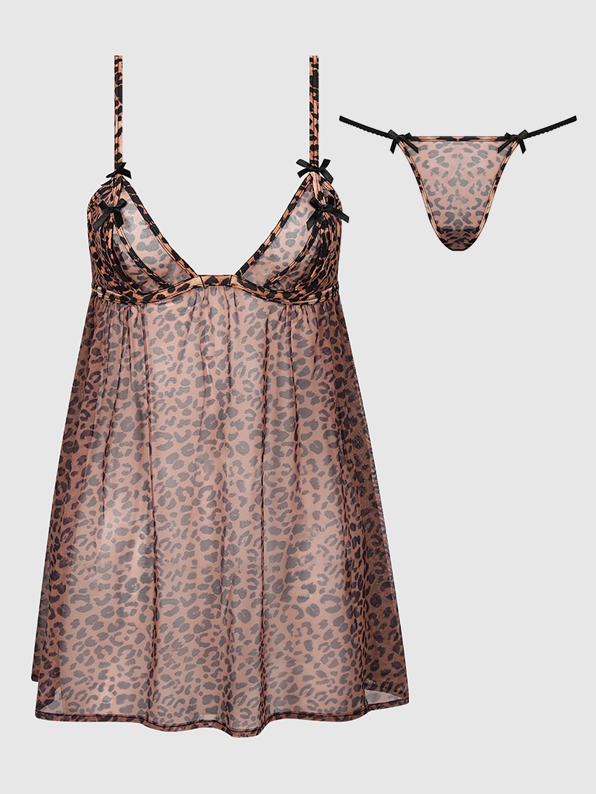 House of Desire Alia Leopard Mesh Underwire Babydoll Set, Brown, hi-res