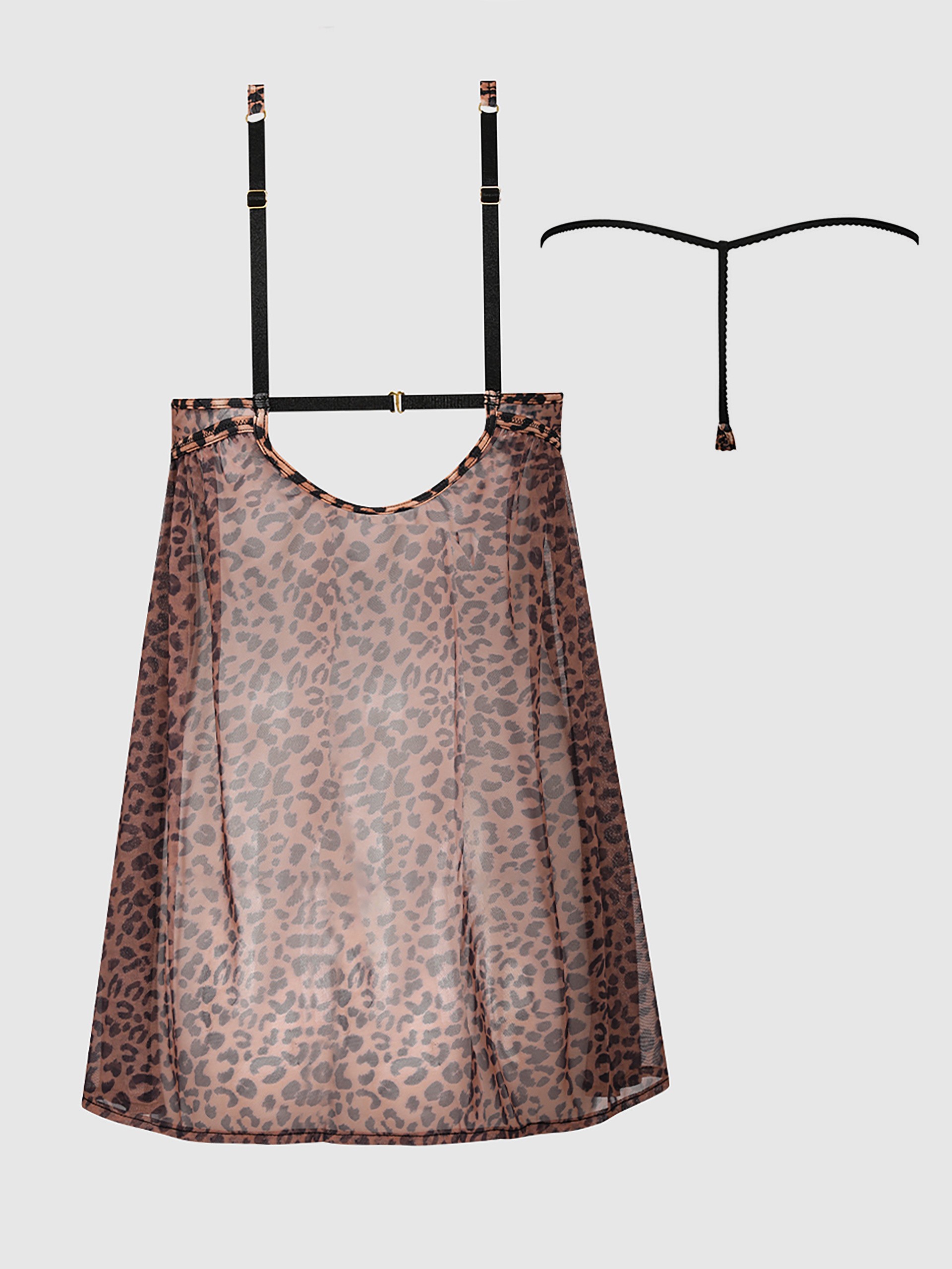 House of Desire Alia Leopard Mesh Underwire Babydoll Set, Brown, hi-res