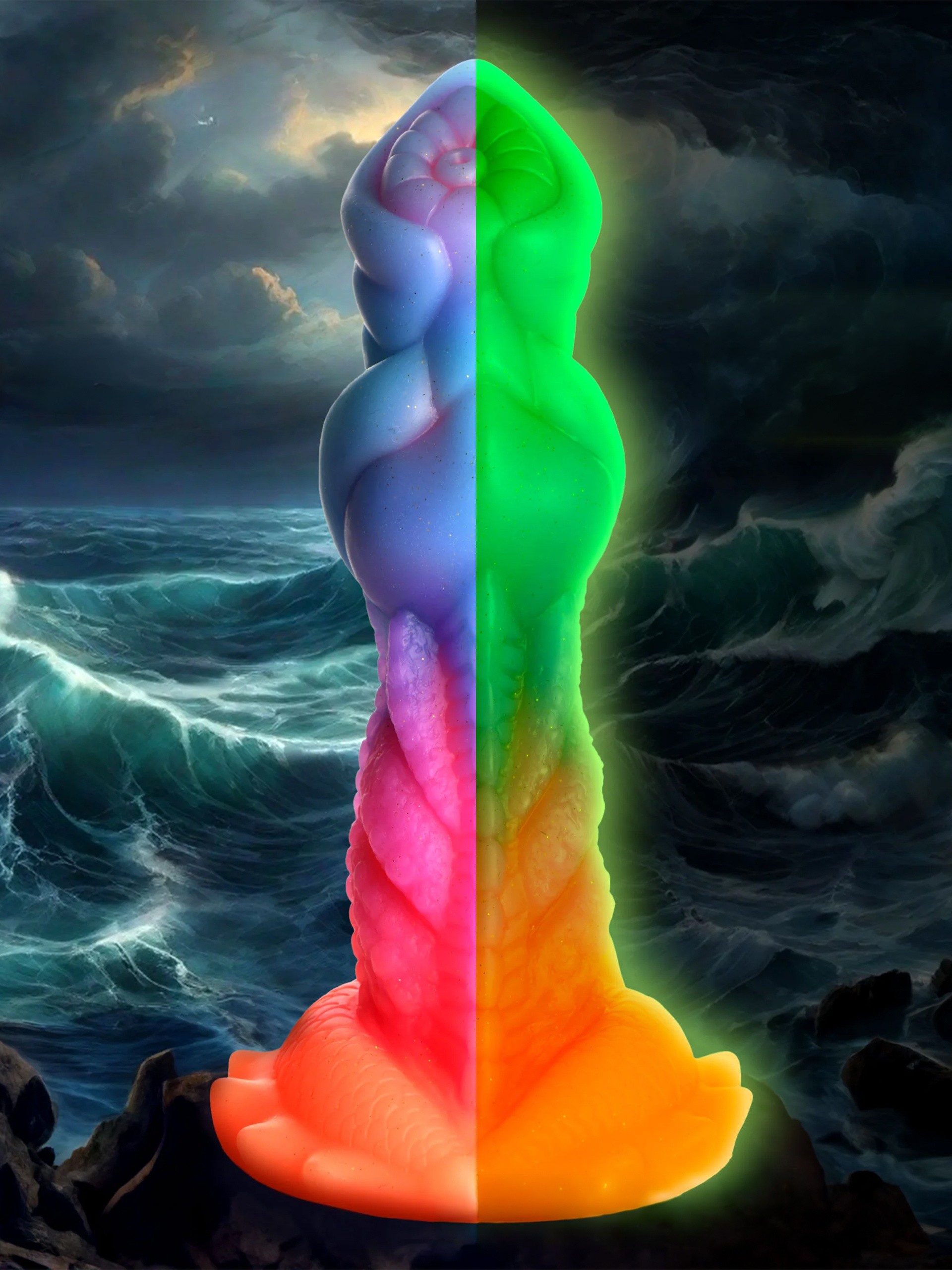 Creature Cocks Aqua-Cock Glow-in-the-Dark Silicone Dildo, Blue, hi-res