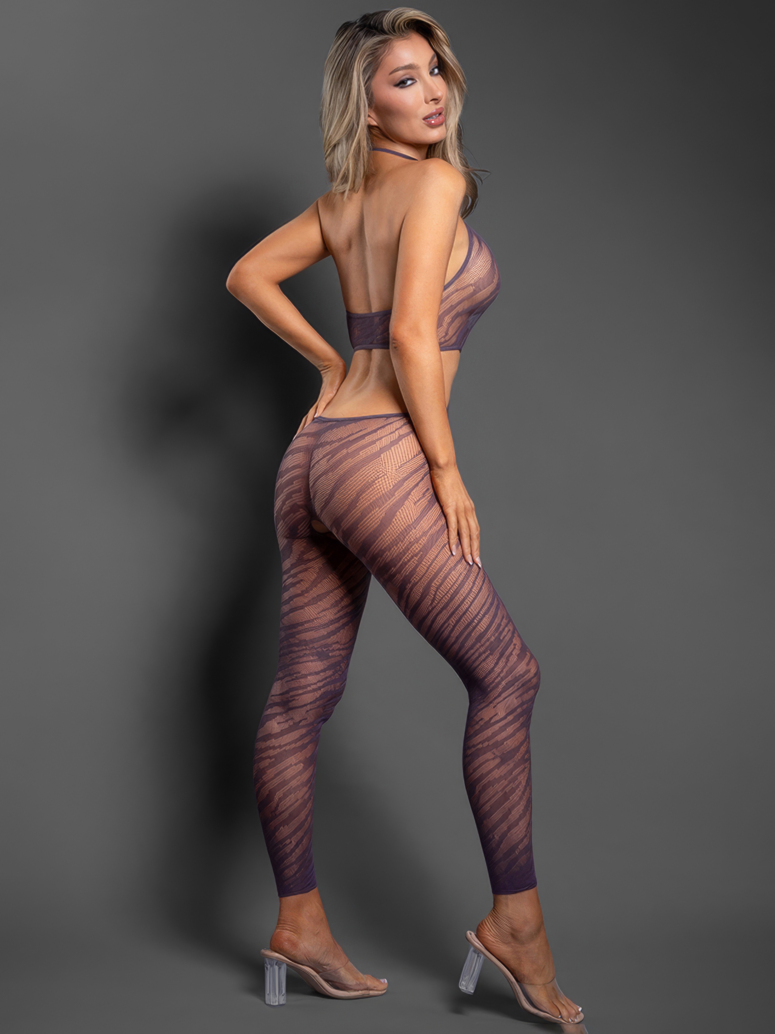 Fantasy Lingerie Purple Zebra Print Crotchless Bodystocking, Purple, hi-res