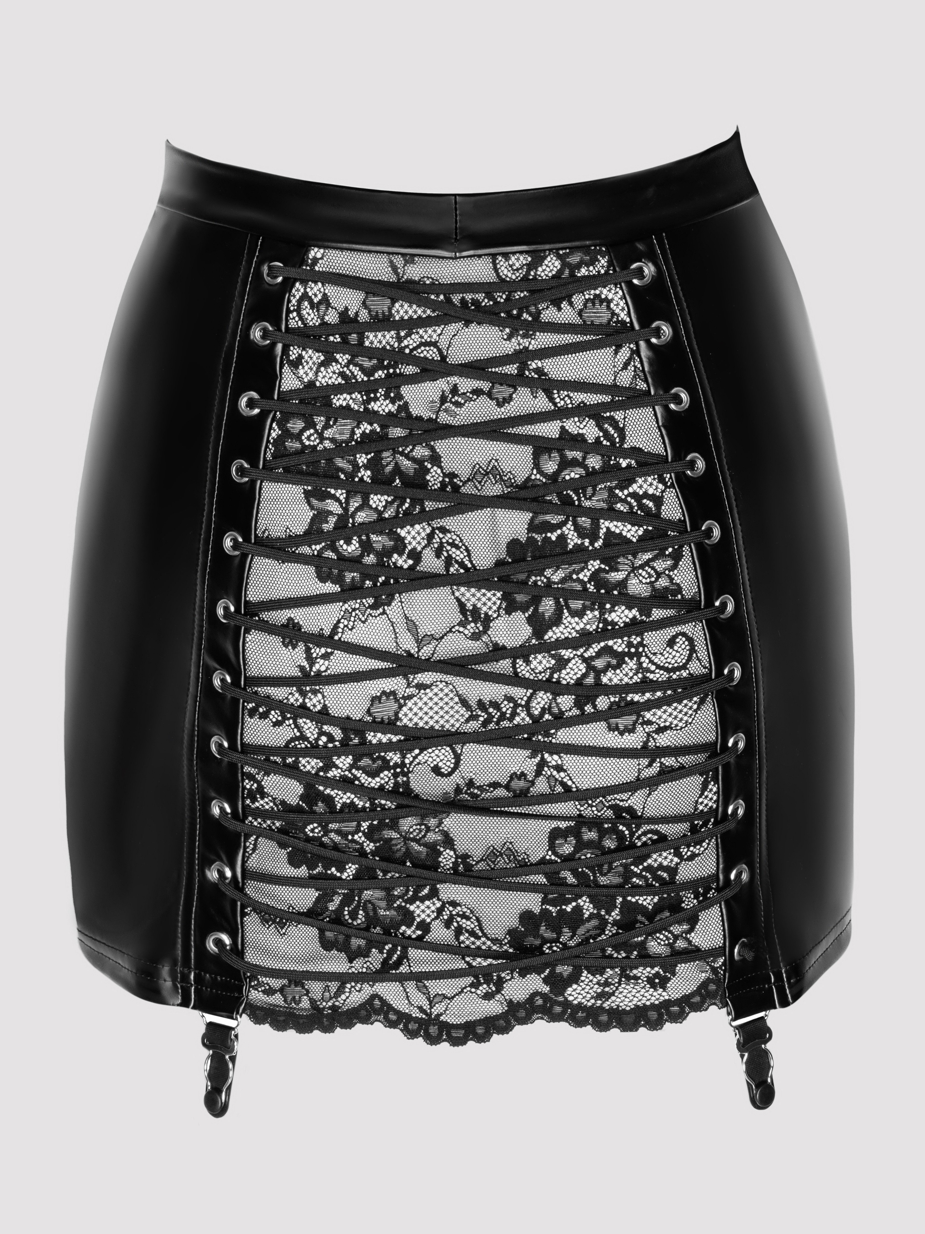 Noir Handmade Lace Back Wetlook Skirt, Black, hi-res