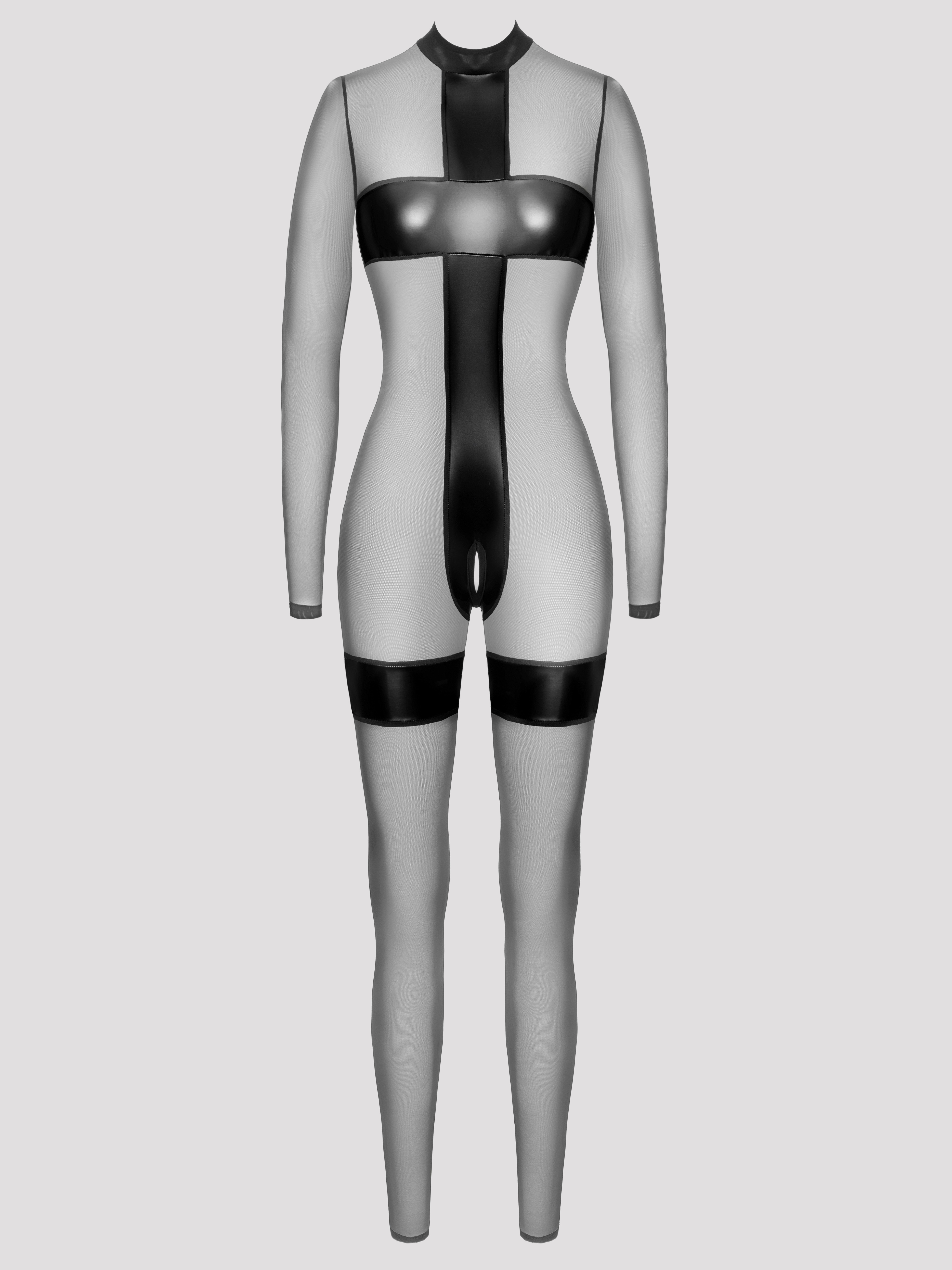 Noir Handmade Wetlook Crotchless Catsuit, Black, hi-res