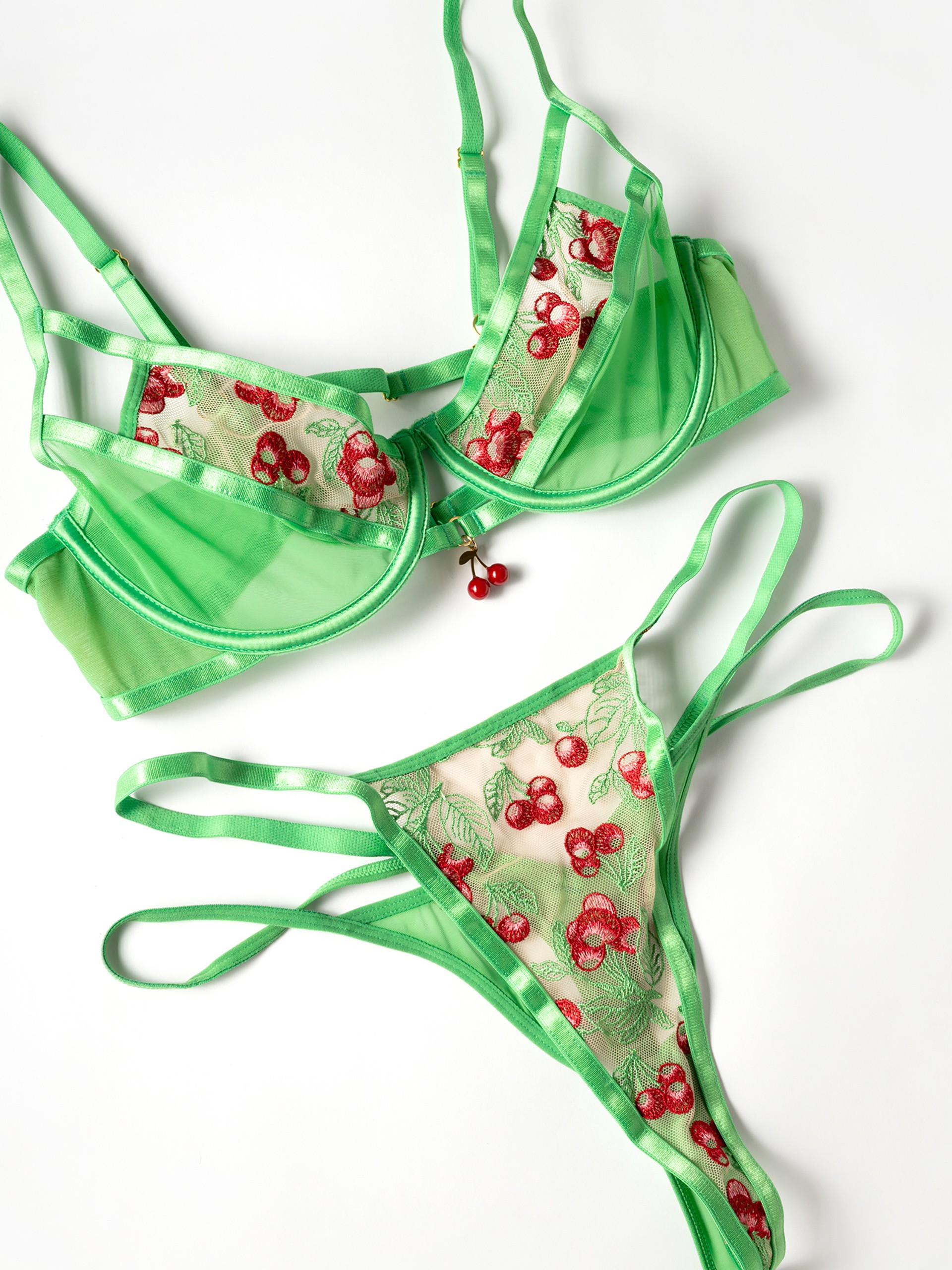 Oh La La Cheri Cherry Embroidered Underwired Bra Set, Green, hi-res