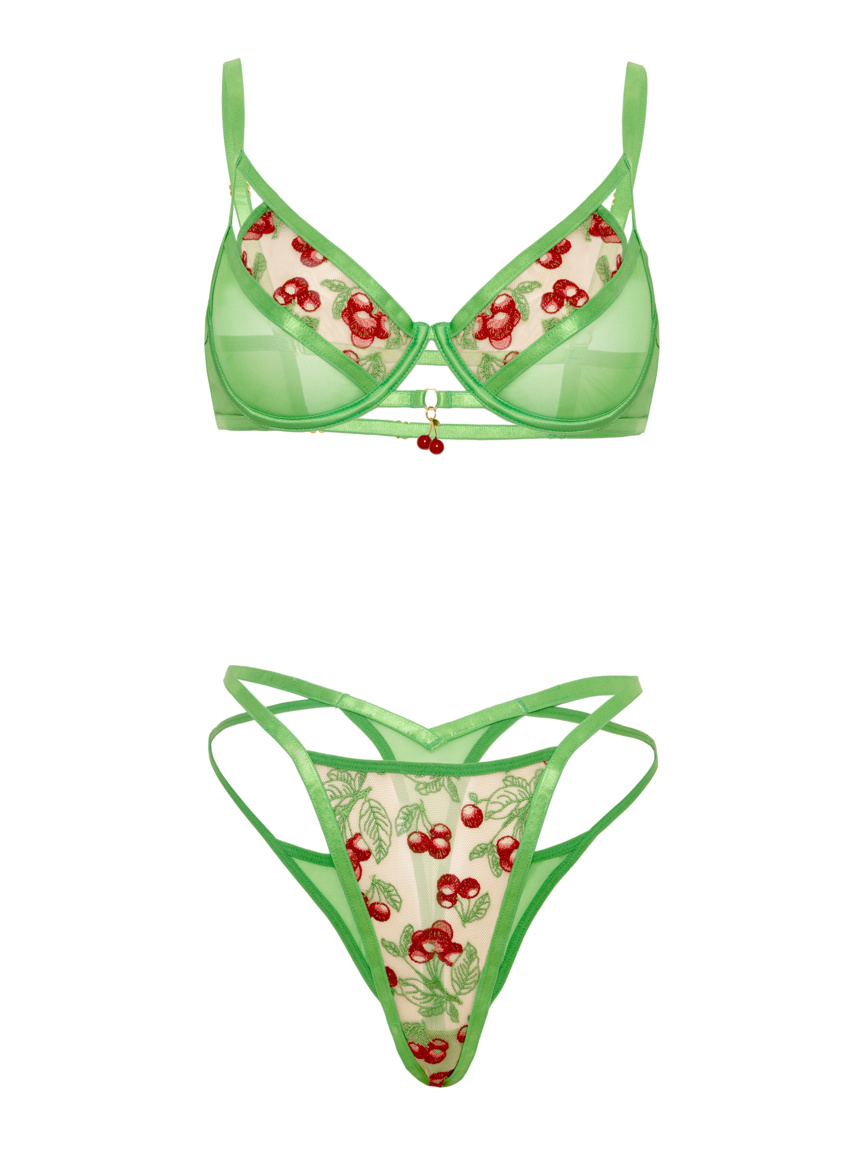 Oh La La Cheri Cherry Embroidered Underwired Bra Set, Green, hi-res