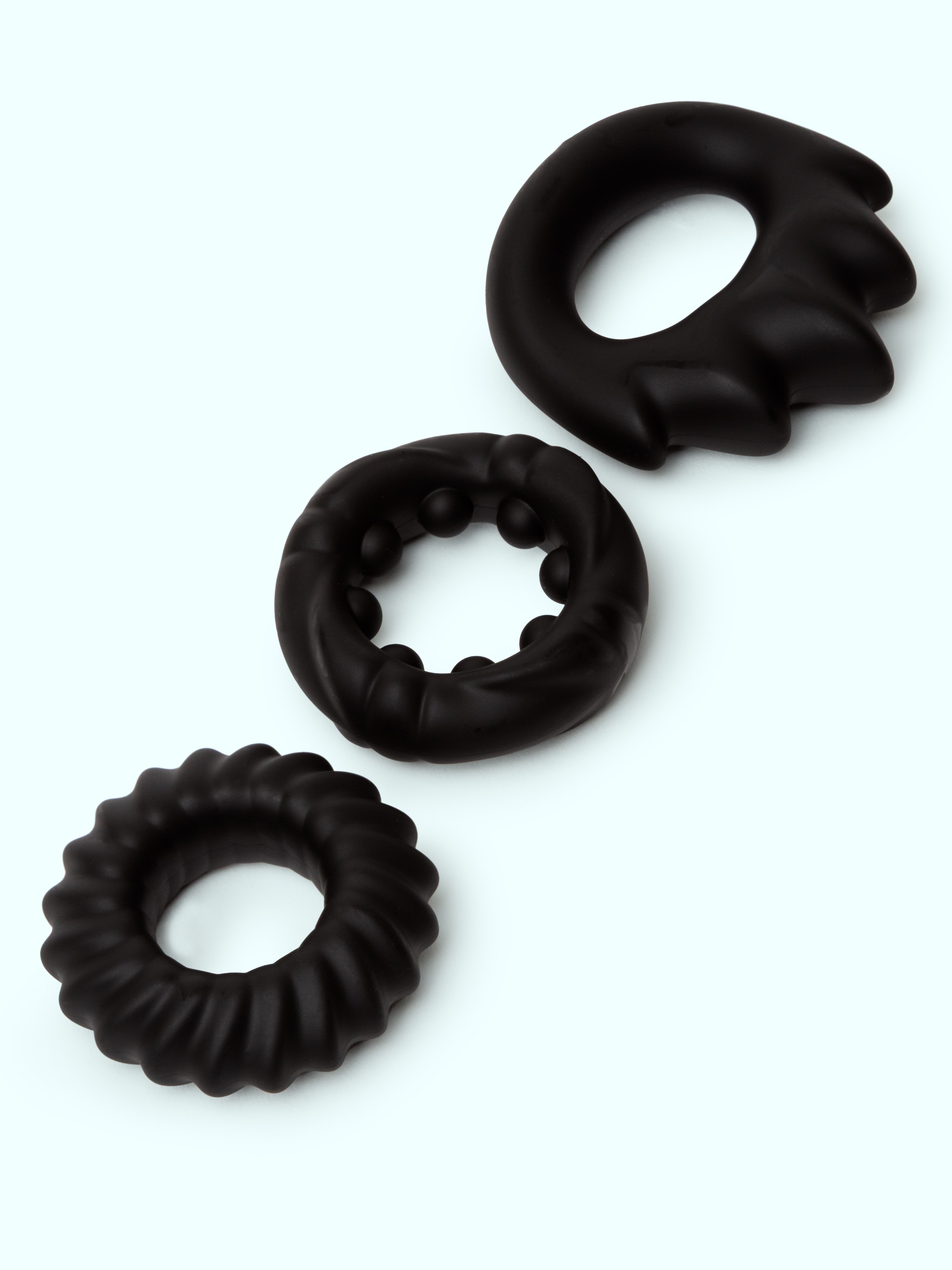 Lovehoney Liquid Silicone Triple Cock Ring Set (3 Piece), Black, hi-res