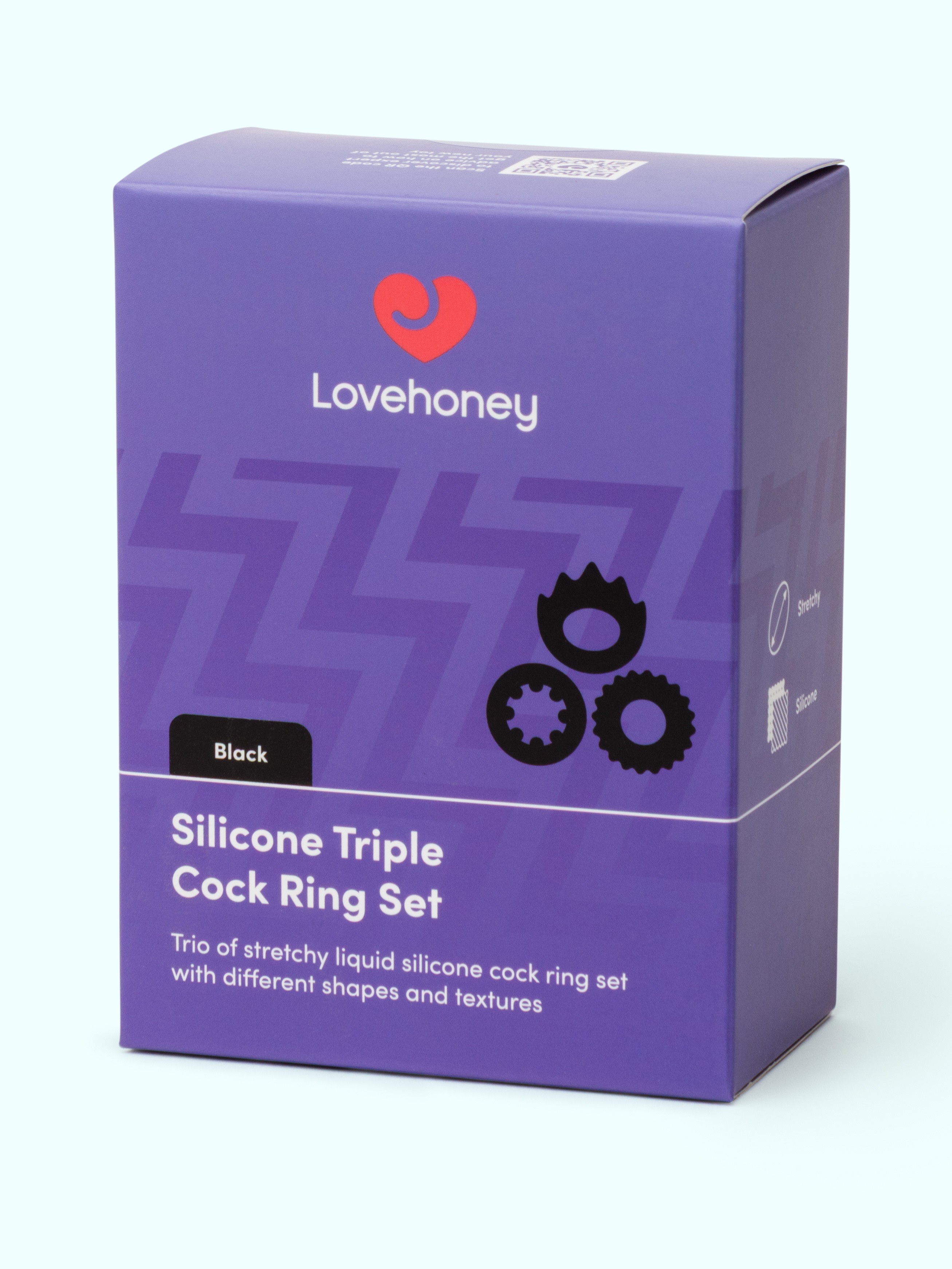 Lovehoney Liquid Silicone Triple Cock Ring Set (3 Piece), Black, hi-res