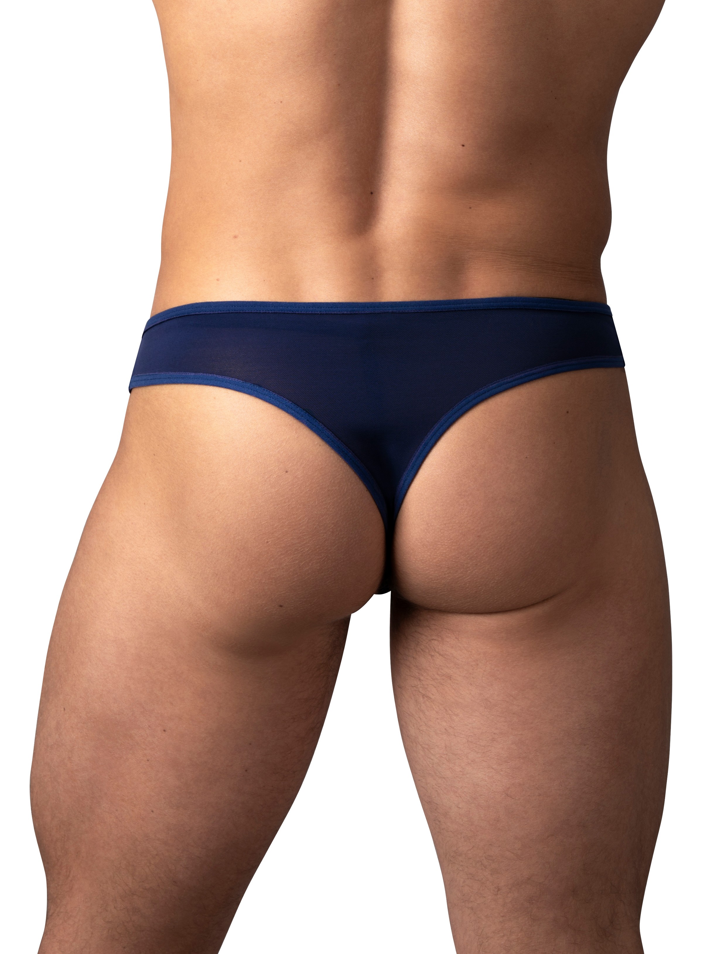 Male Power Lace Open Front Thong, Navy, hi-res
