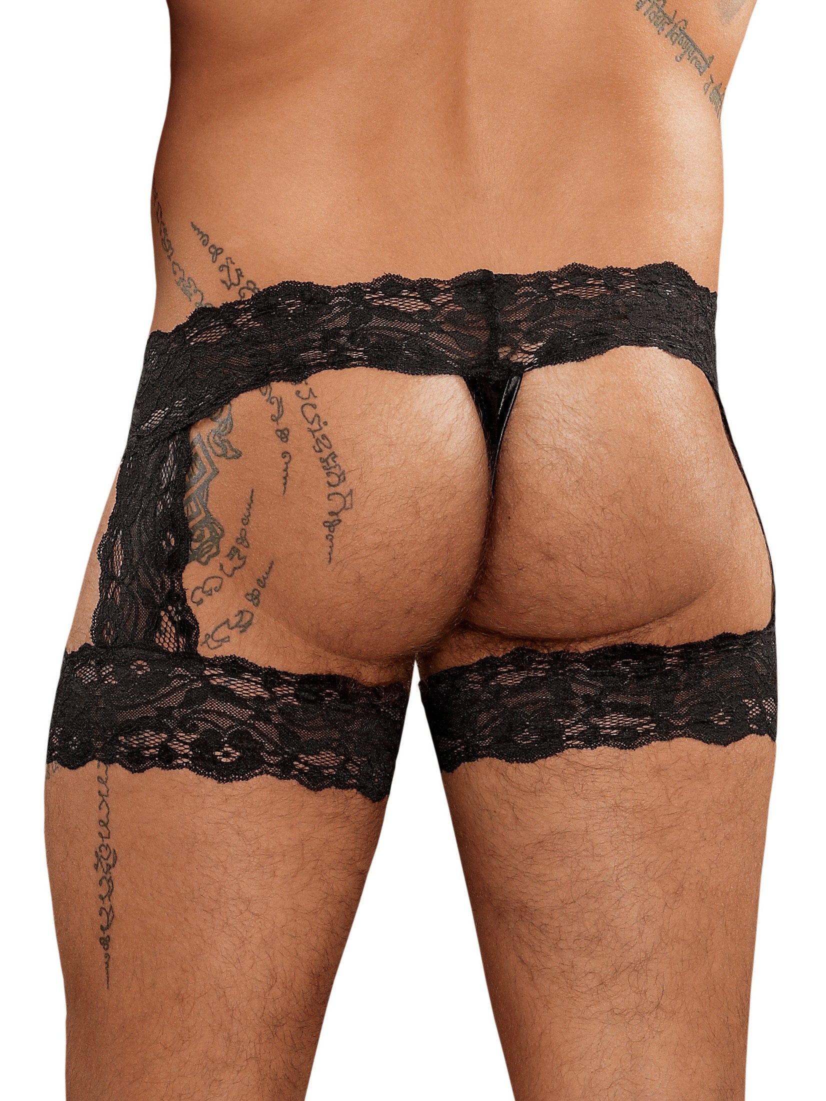 Male Power Lace Garter Thong, Black, hi-res