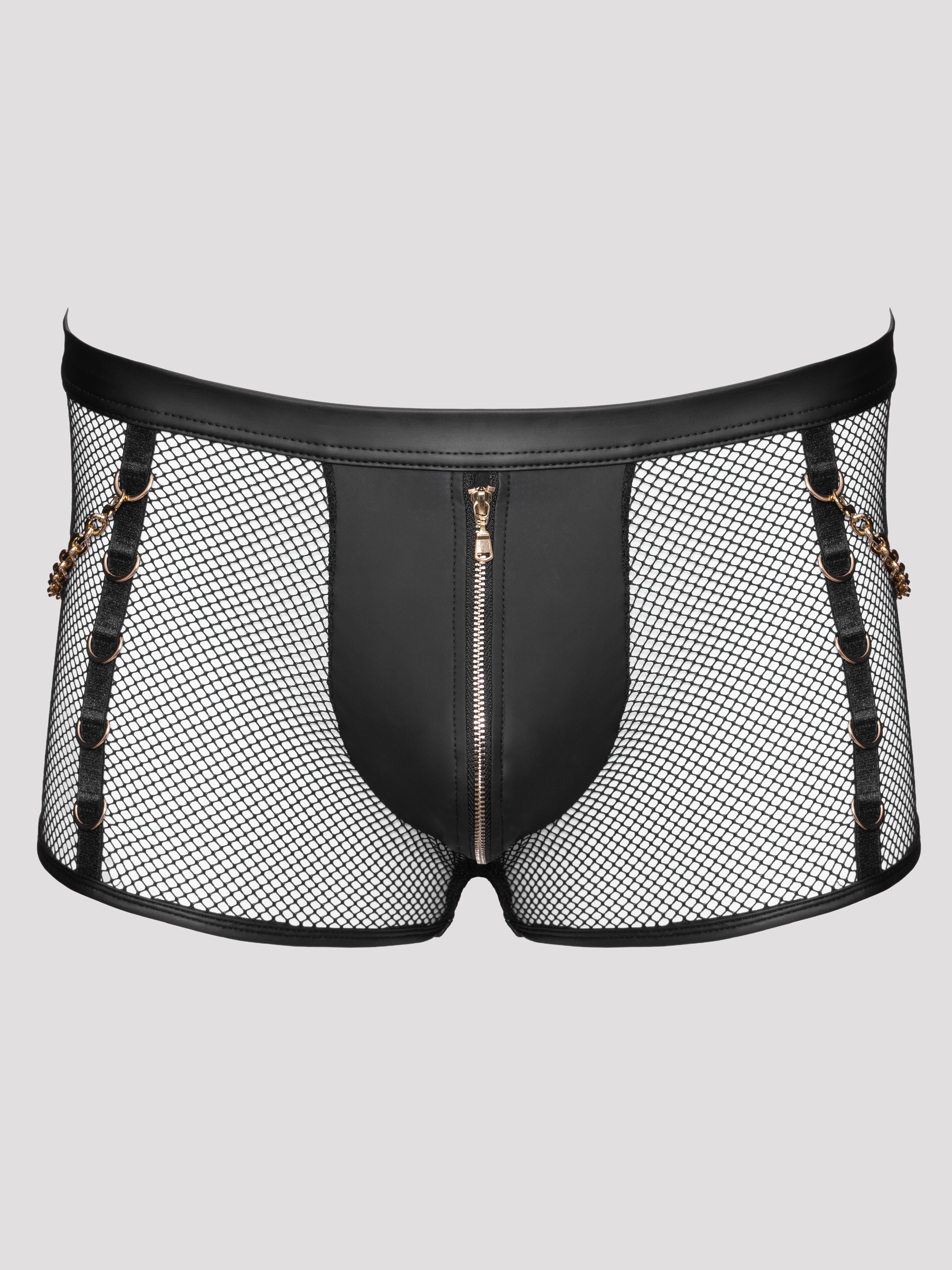 Svenjoyment Wetlook Fishnet Chain Zip Boxers, Black, hi-res