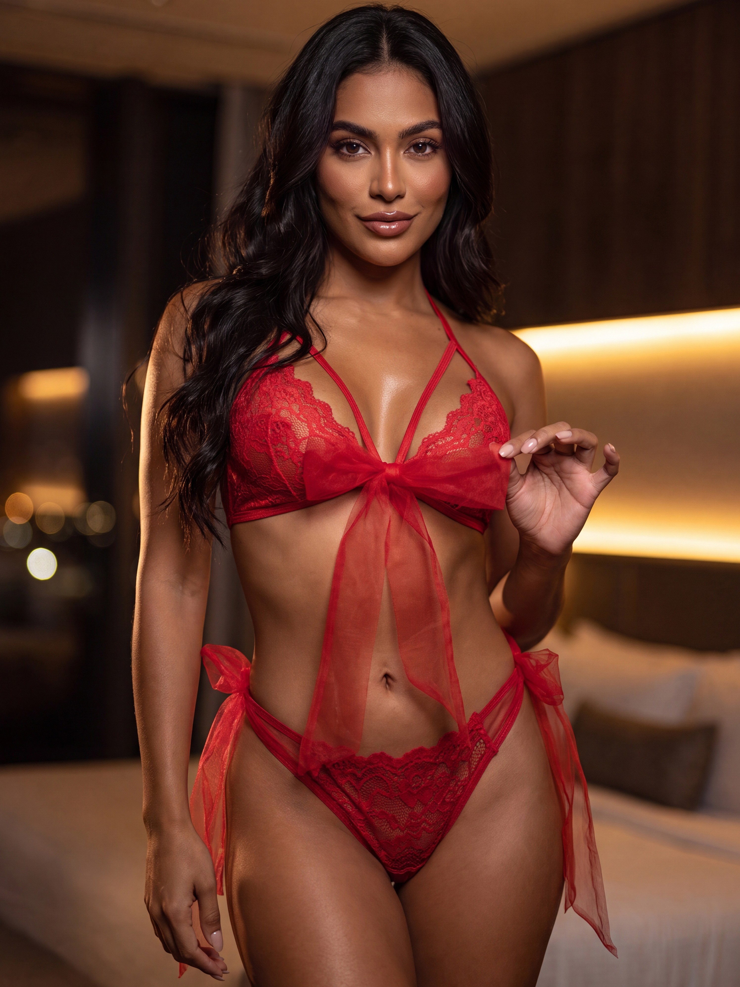 Escante Bow Delight Red Lace and Sheer Mesh Bra Set, Red, hi-res