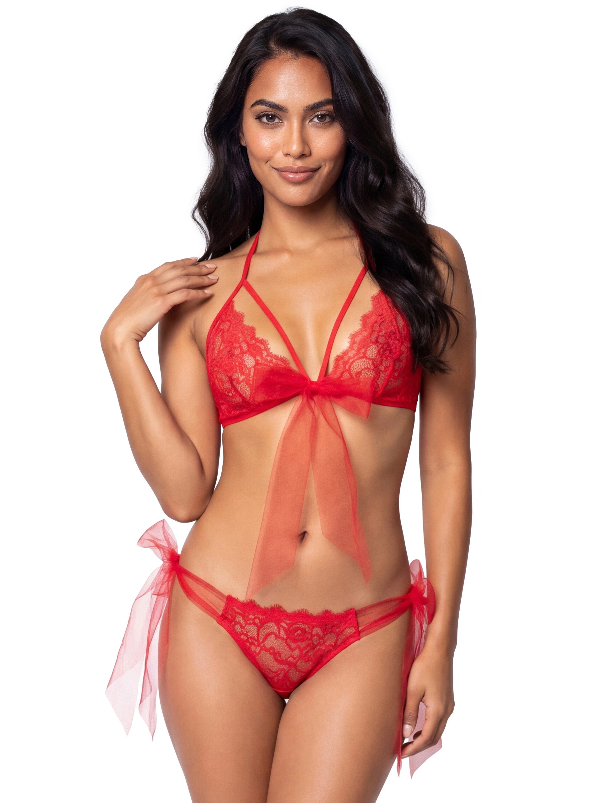 Escante Bow Delight Red Lace and Sheer Mesh Bra Set, Red, hi-res