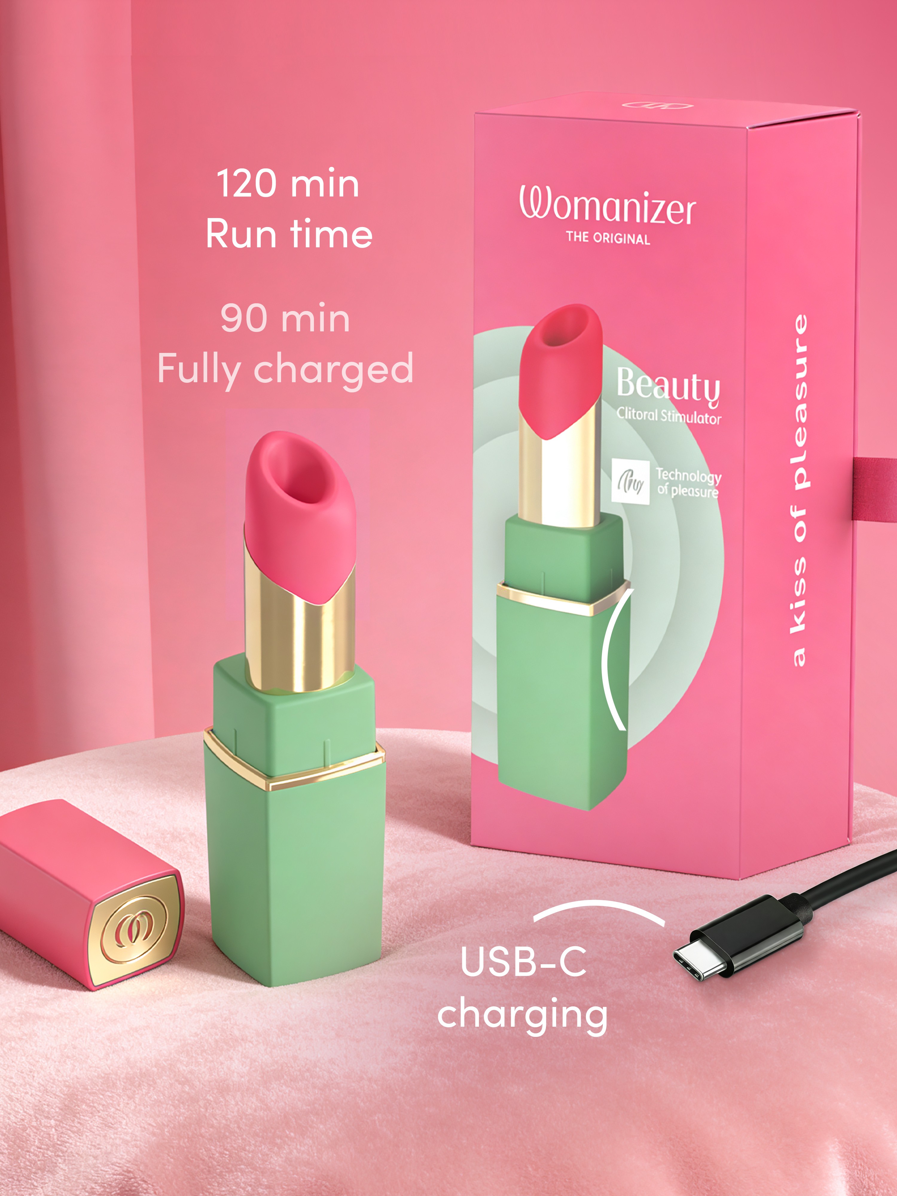 Womanizer Beauty Green and Pink Lipstick Clitoral Stimulator, Green, hi-res