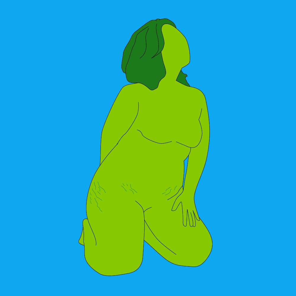 A naked illustrated woman kneeling on the floor and touching her butt.