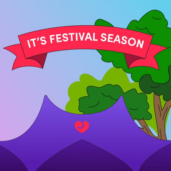 An illustration of a purple tent with the Lovehoney logo on it, with a banner above that says 'it's festival season'.