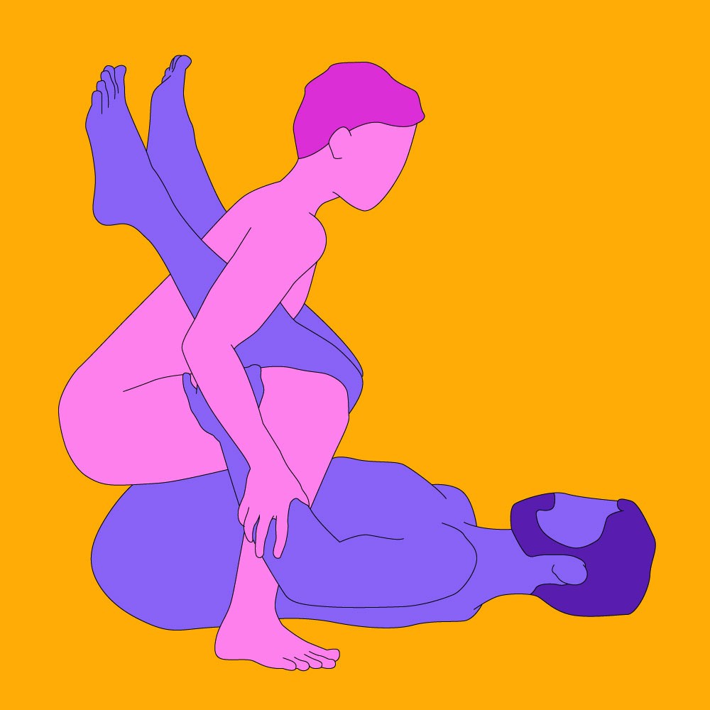 A naked illustrated couple. One is lying on their back with their knees to their chest and the other is squatting down onto their lover's thighs.