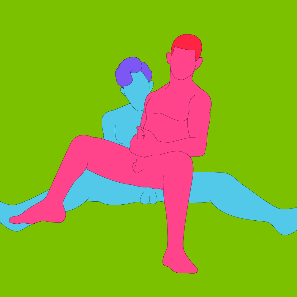 A naked illustrated couple. One is sat on the floor with their legs open and the other is sat on them with their legs open.