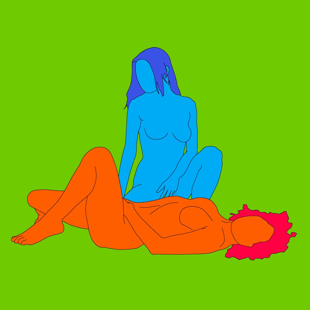 A naked illustrated couple lying together and watching each other touch themselves.