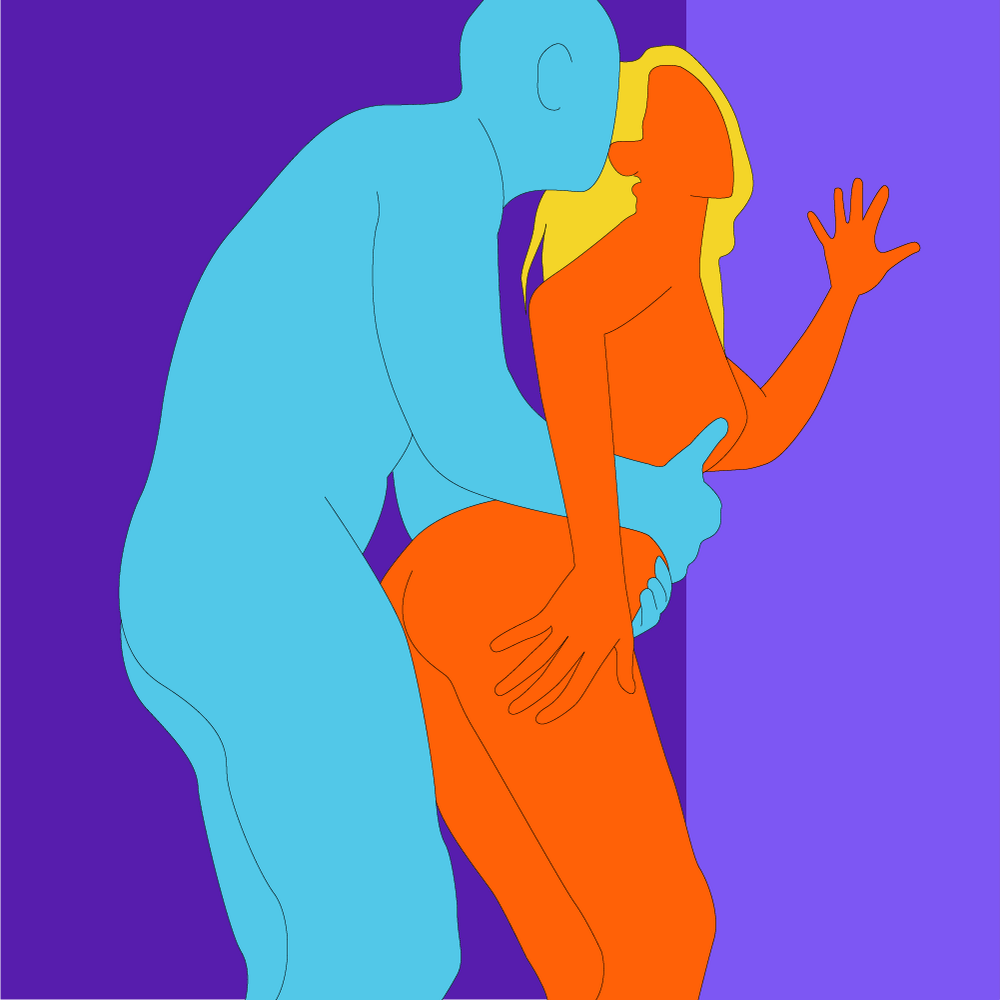 A naked illustrated couple in a standing position. One person is holding their hand against a wall and the other is behind them, holding their waist.