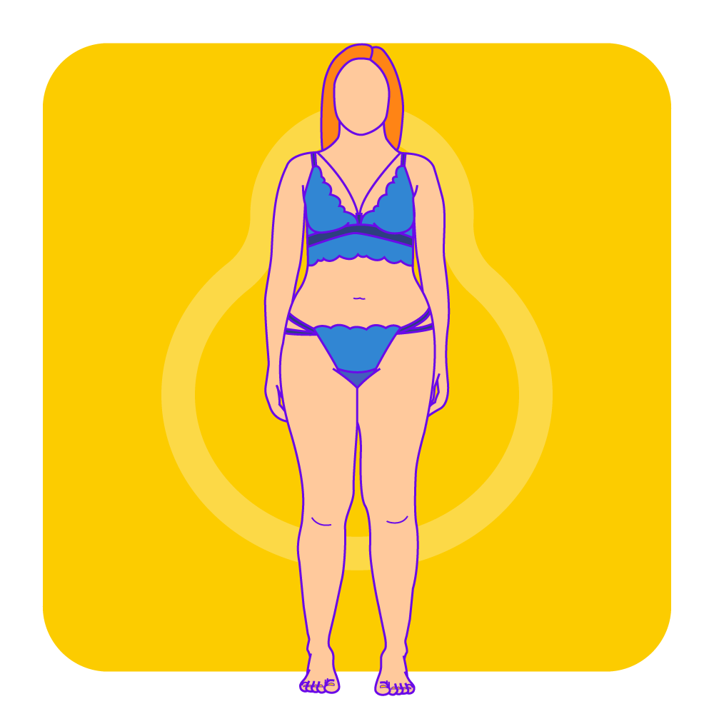 An illustrated woman with a pear body shape in lingerie.