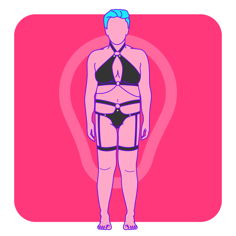 An illustrated woman with a strawberry body shape in lingerie.