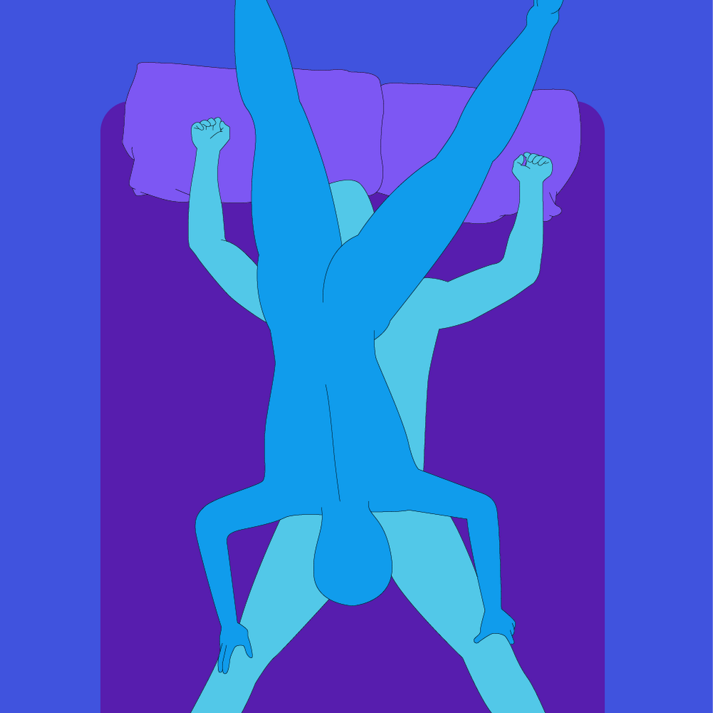 A naked illustrated couple lying on a bed in a 69 position.
