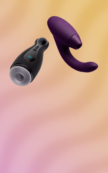 Image of Blowmotion Suction Vibrating Male Masturbator and Womanizer X Lovehoney InsideOut Rechargeable G-Spot and Clitoral Stimulator