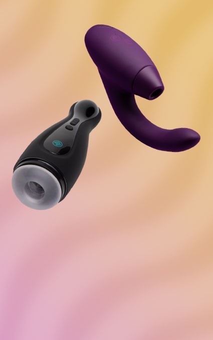Image of Blowmotion Suction Vibrating Male Masturbator and Womanizer X Lovehoney InsideOut Rechargeable G-Spot and Clitoral Stimulator
