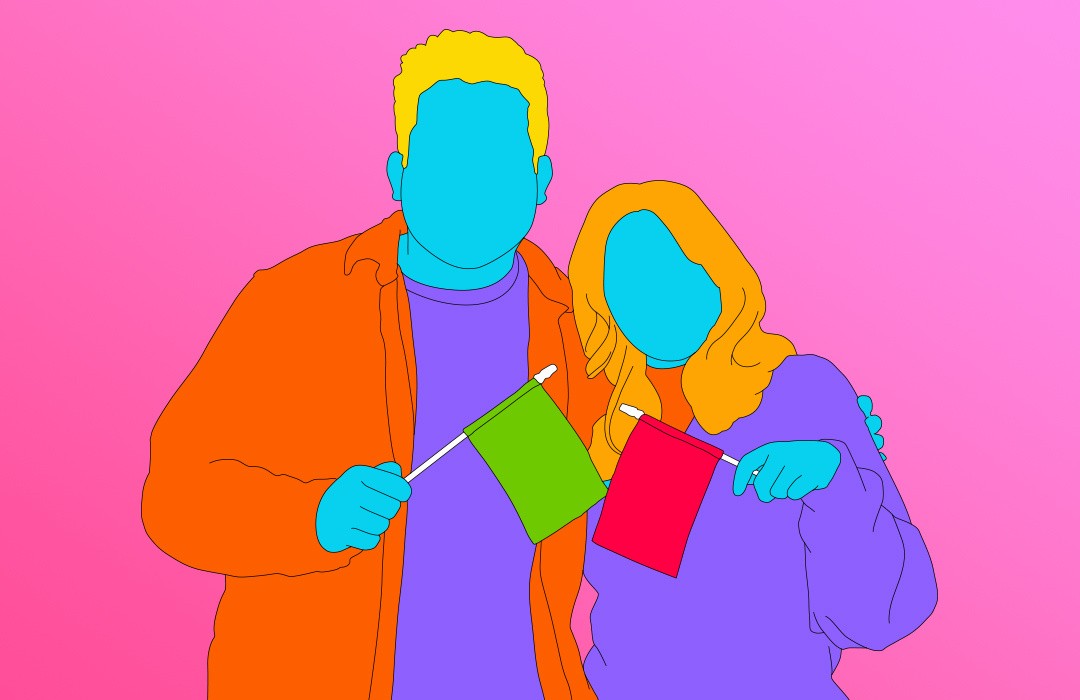 An illustrated couple, one is holding a red flag and the other is holding a green flag.