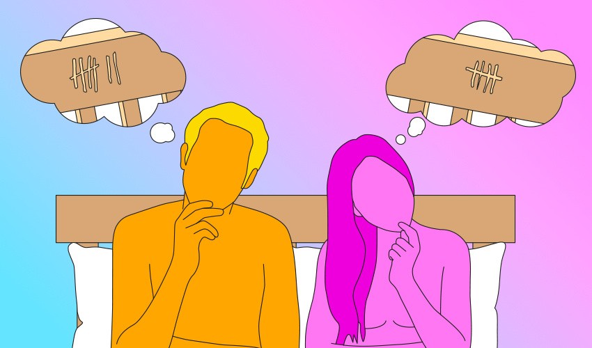 A naked illustrated couple led in bed thinking about their body counts.
