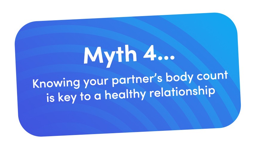 A banner card with a blue spiral background that says Myth 4... Knowing your partner’s body count is key to a healthy relationship