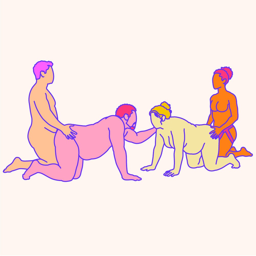 Two naked illustrated couples in a foursome variation of the Doggy Style sex position.