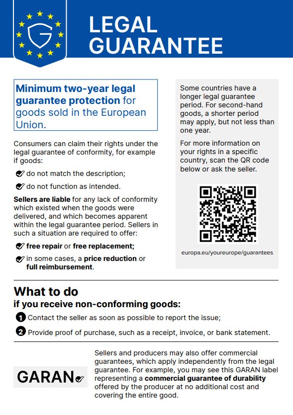 Minimum two year-legal guarantee protection for goods sold in the European Union