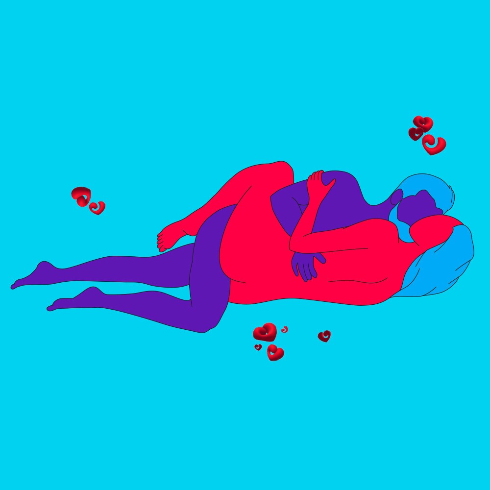 A naked illustrated couple led on their sides with the arms wrapped around each other.