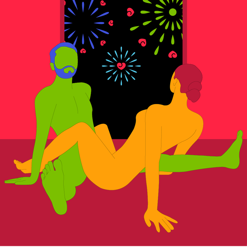 A naked illustrated couple in a seated position with their legs entwined.