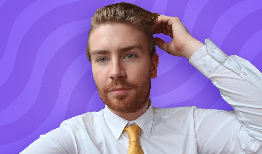 A photo of Gideon Allen in front of a purple swirl background.