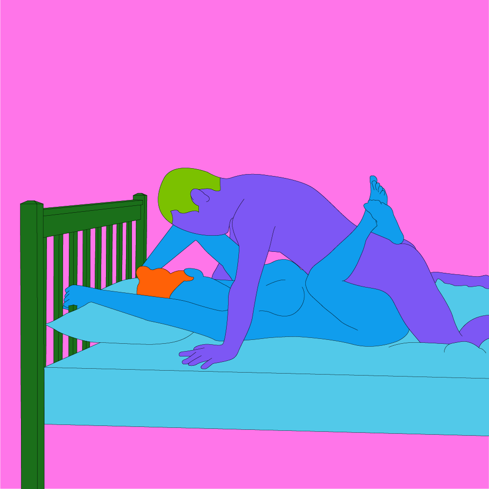 A naked illustrated couple on a bed. One is lying on the bed holding onto a headboard and the other is lying on top of them.