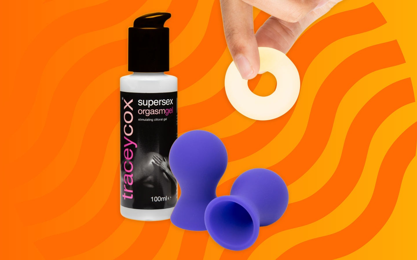 Image of Basics Donut Stretchy Cock Ring, Tracey Cox Orgasm Gel, and Nipple Suckers