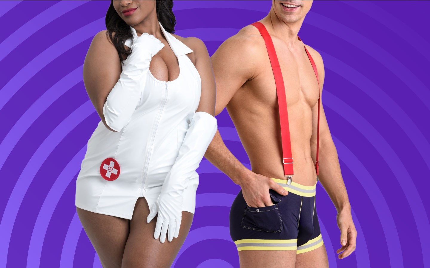 Image of Lovehoney Fantasy Plus Size Naughty PVC-Look Nurse Costume, and LHM Smokin' Hot Fireman Costume
