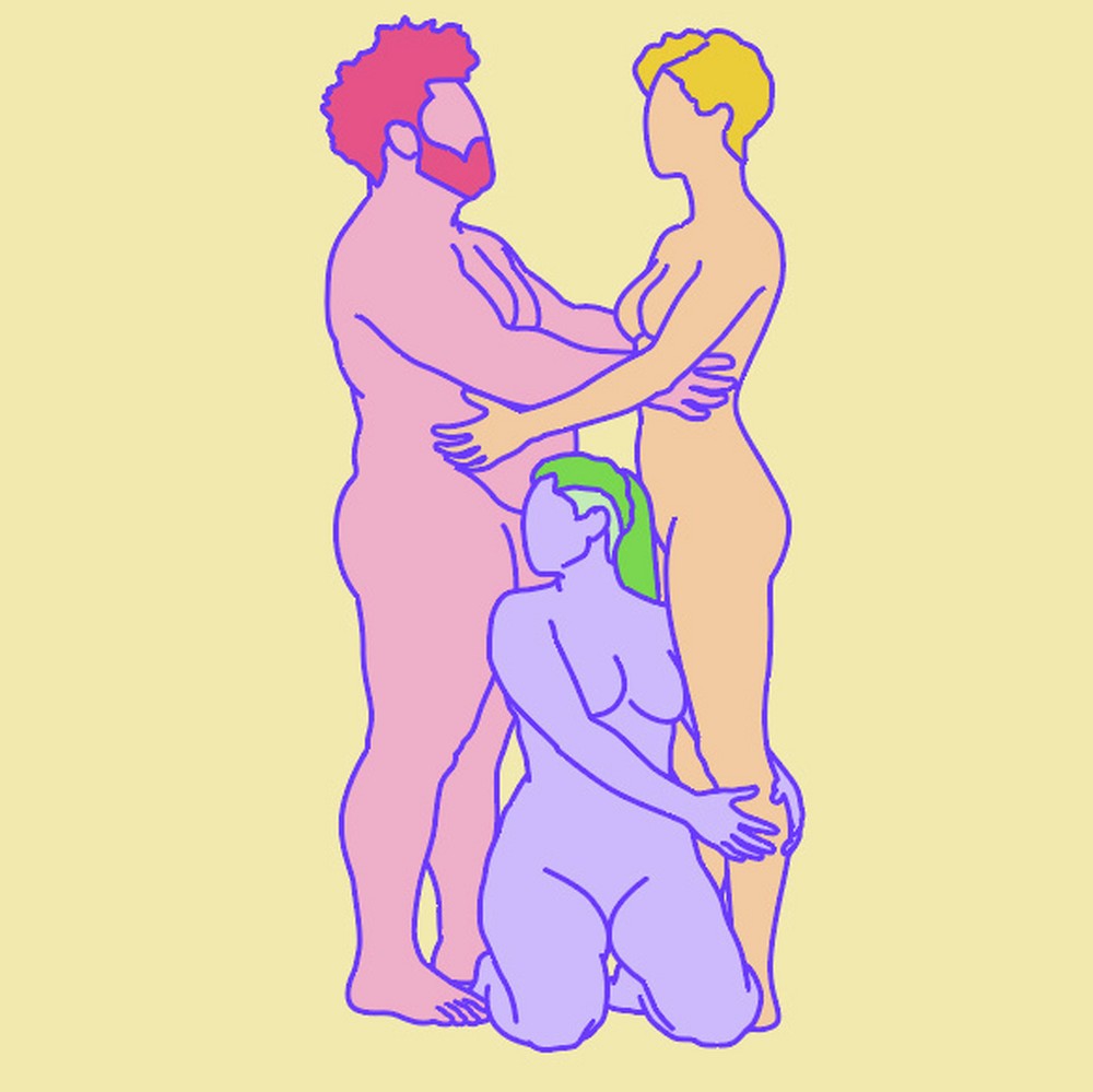 An illustrated trio. Two lovers are standing and embracing each other while the other kneels between them, head turned to one side.