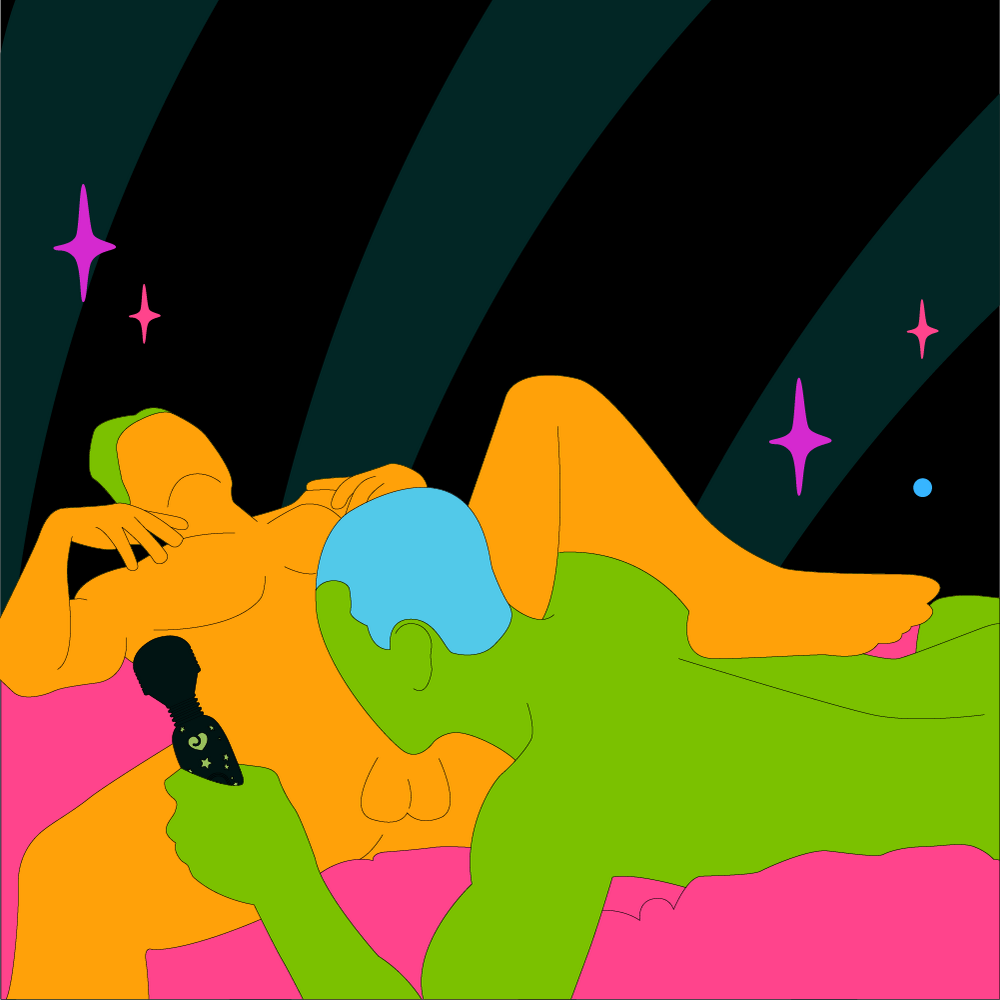 A naked illustrated couple on a bed. One is led on their back with legs open. The other is led on their stomach in-between their legs holding a wand.