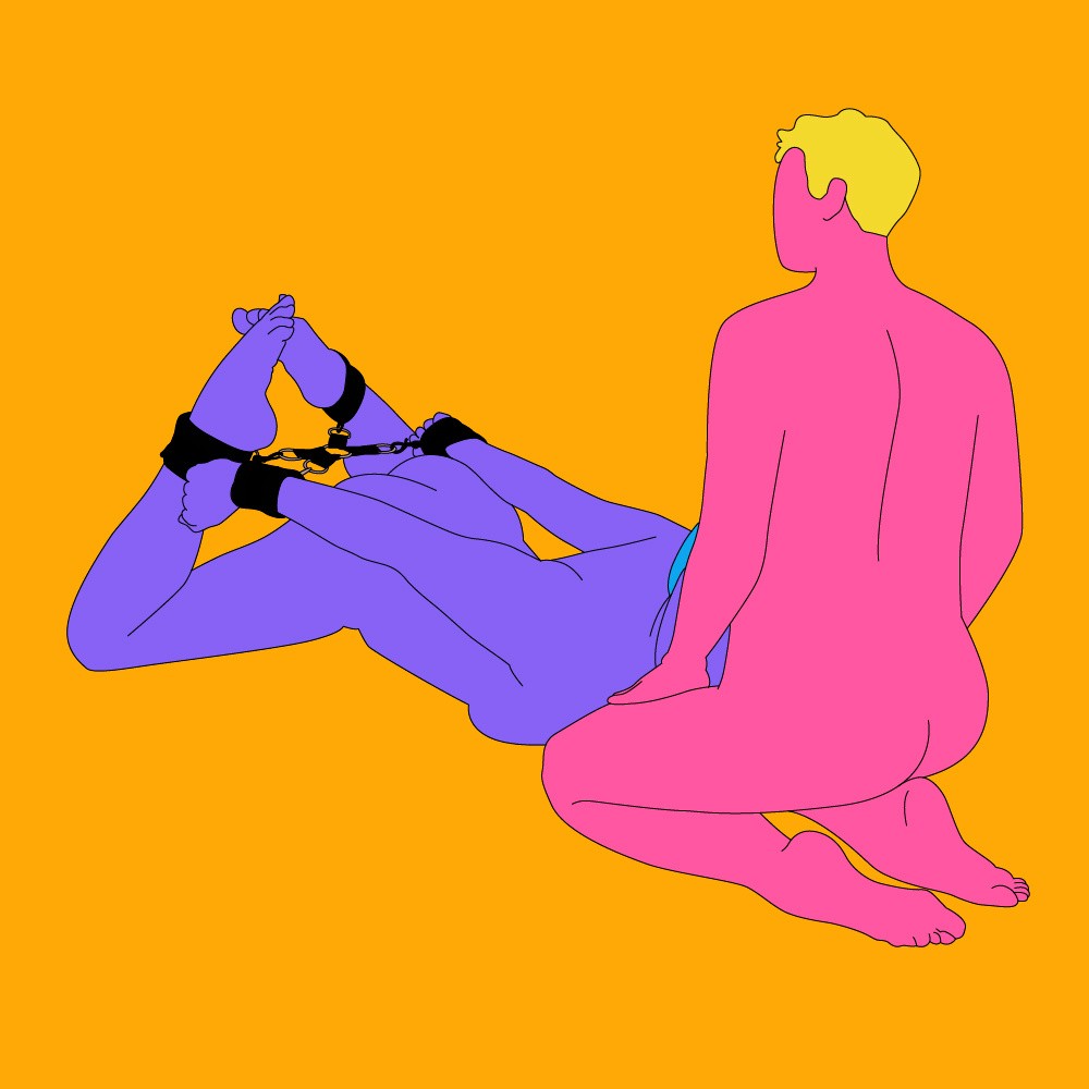 A naked illustrated couple, one is led on their stomach with their wrists and ankles in cuffs and the other is knelt next to their head.