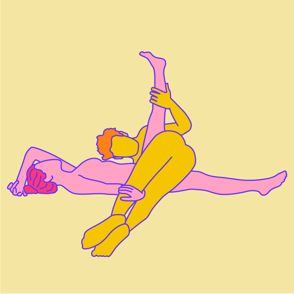 A naked illustrated couple in a stretched-out sideways penetration sex position.