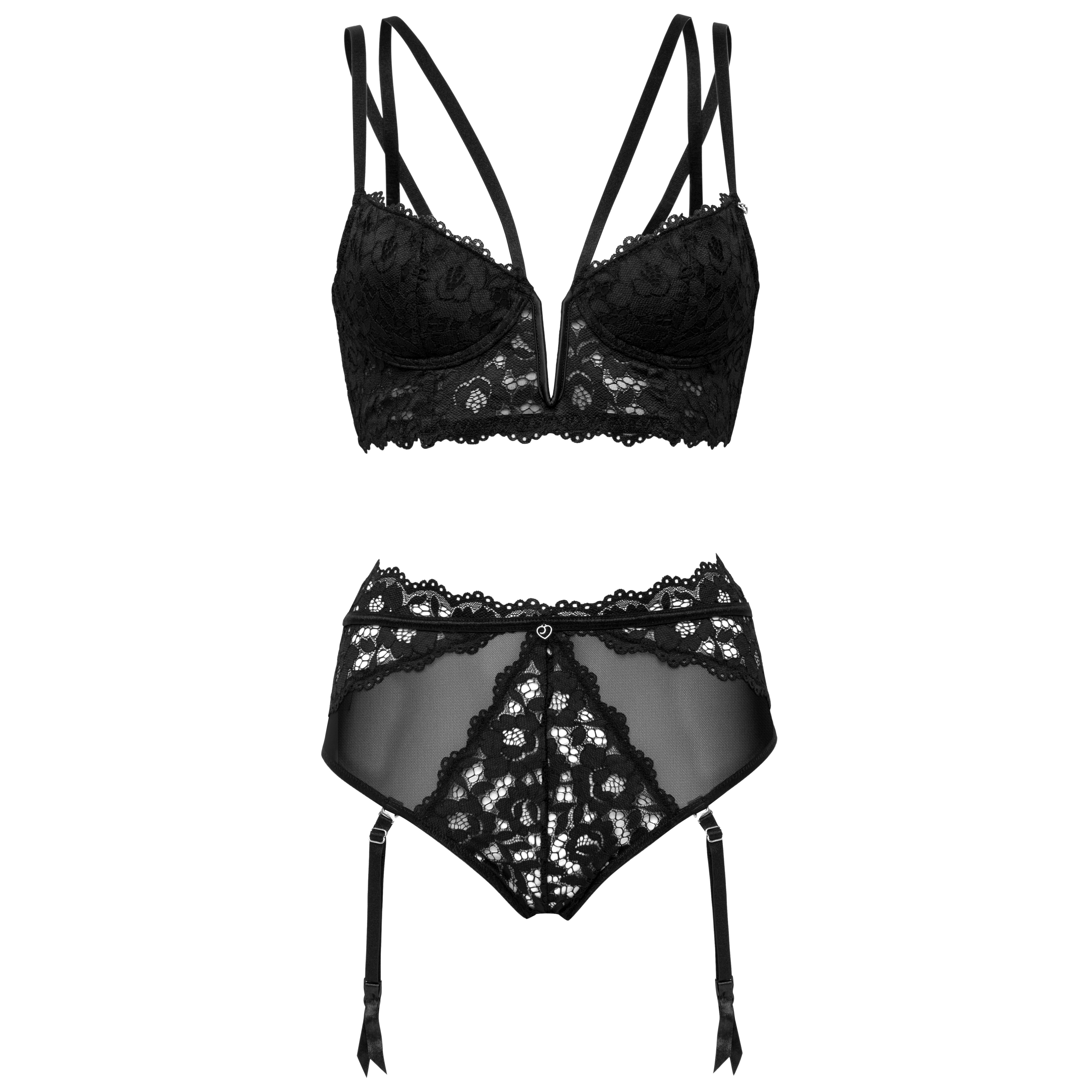Lovehoney Plus Size Parisienne Black Lace Plunge Longline Bra Set