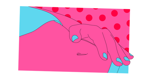 An illustrated stomach with a hand reaching down 