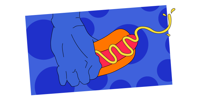 An illustrated hand gripping a hot dog covered in dripping mustard