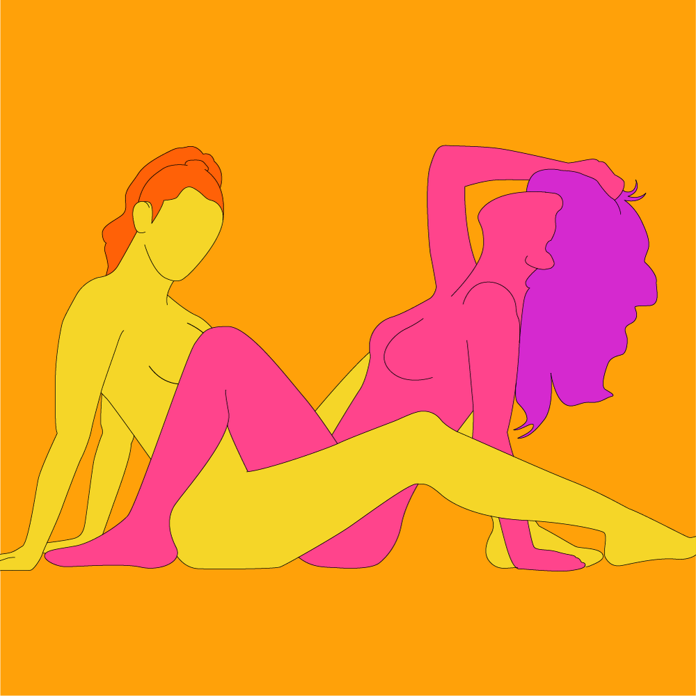A naked illustrated couple sat facing each other with entwined legs, looking into each other's eyes.