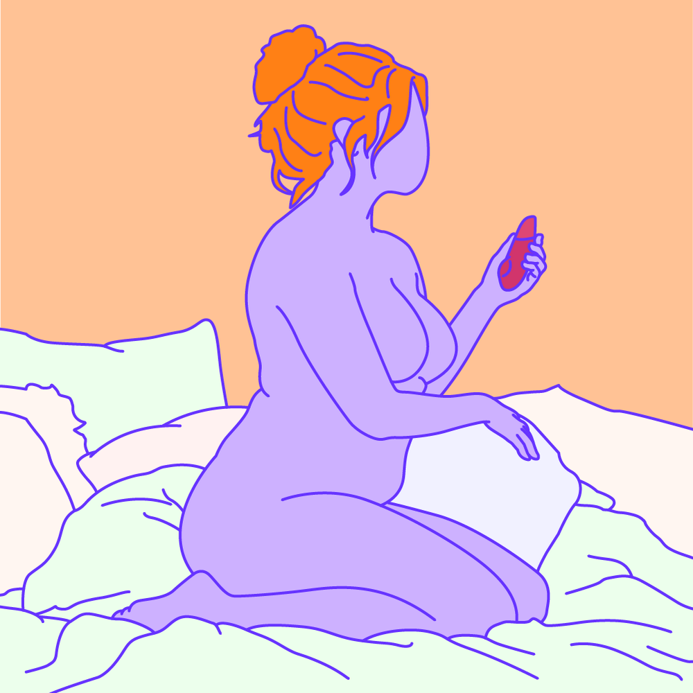 An illustrated woman kneeling on a bed holding a clitoral suction toy.