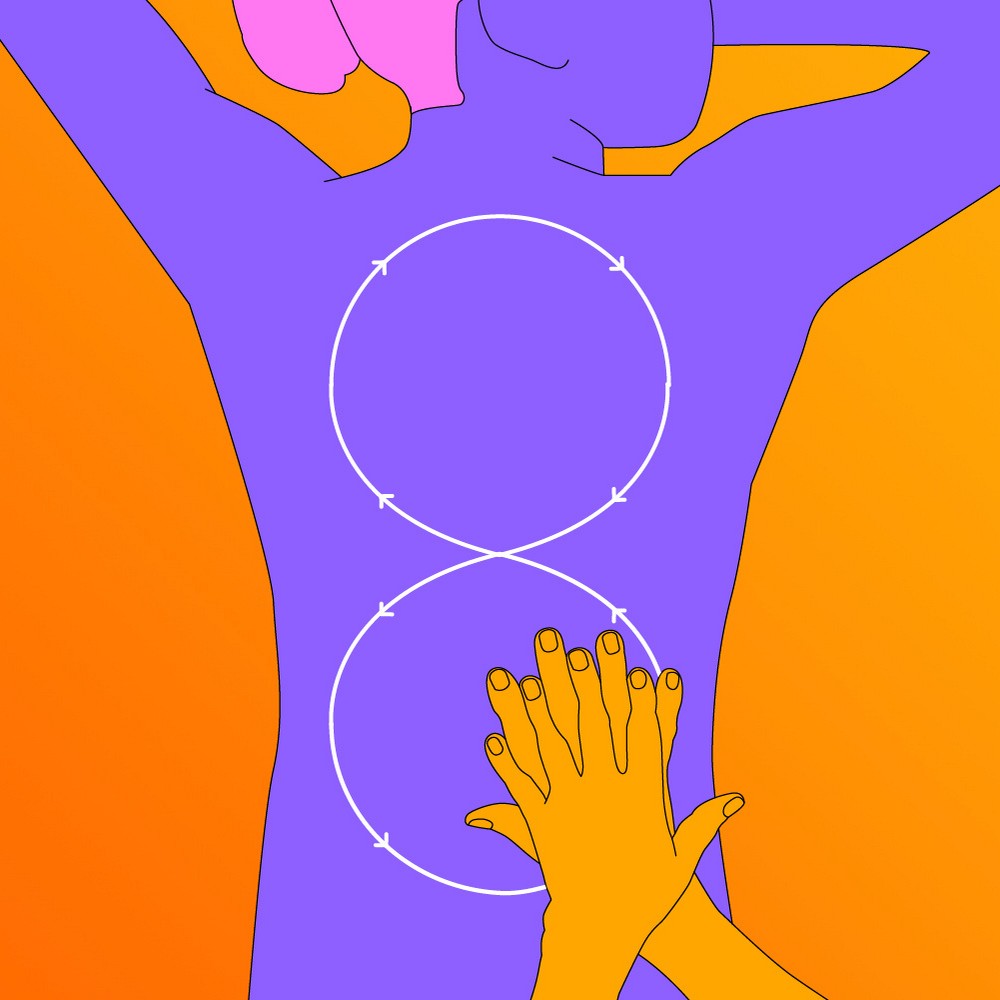 A naked illustrated person led on their stomach, being massaged by their partner.