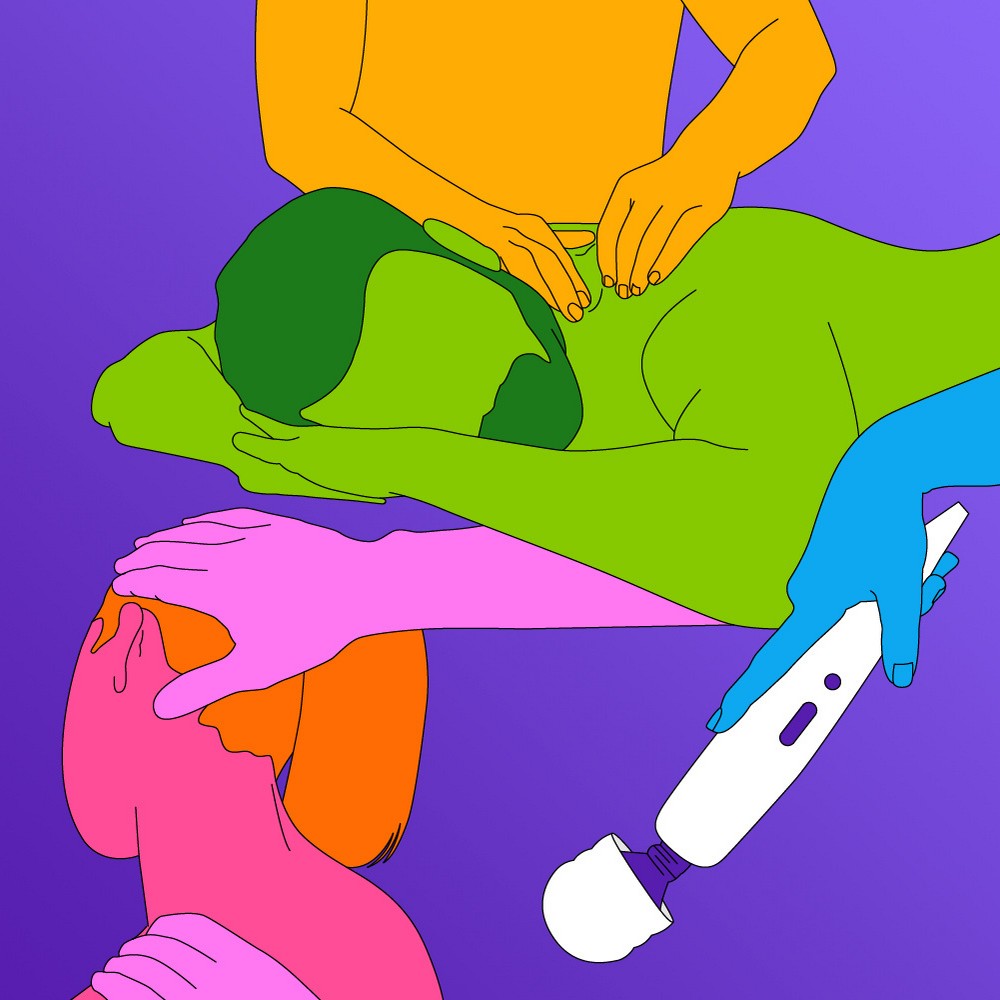 An illustration of people being massaged in different ways, one with hands on their neck and shoulders and the other with a wand massager.