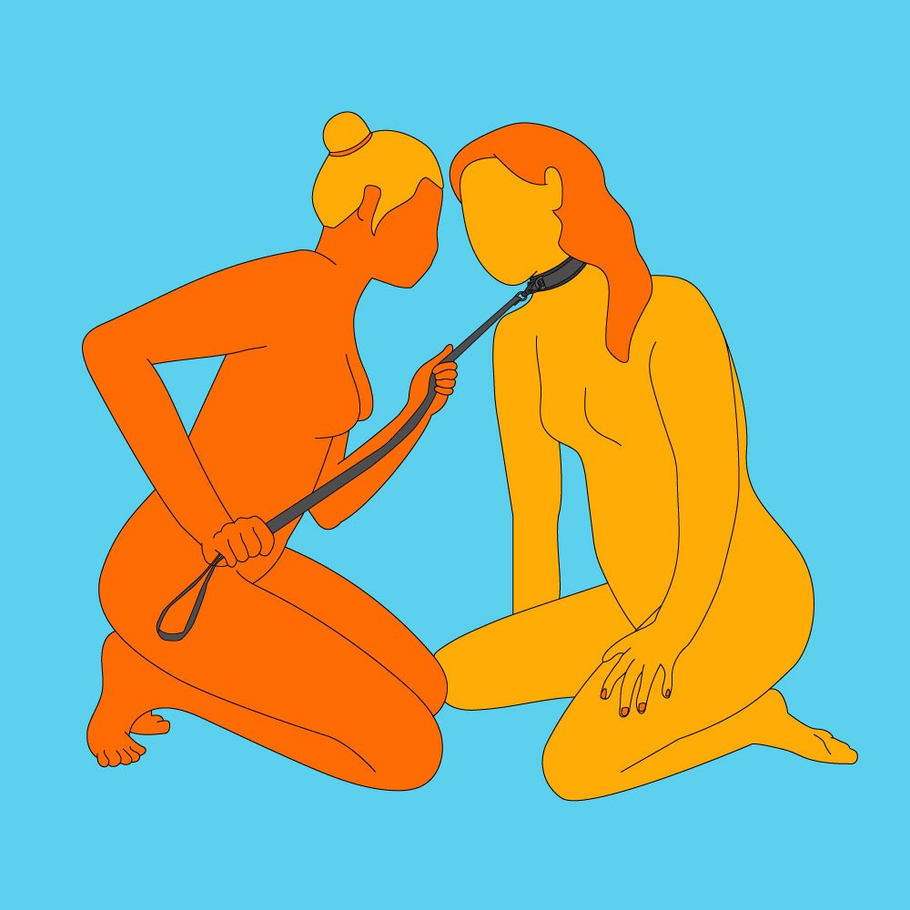 A naked illustrated couple in a kneeling position and looking at each other. One is leading the other by a collar and a leash.